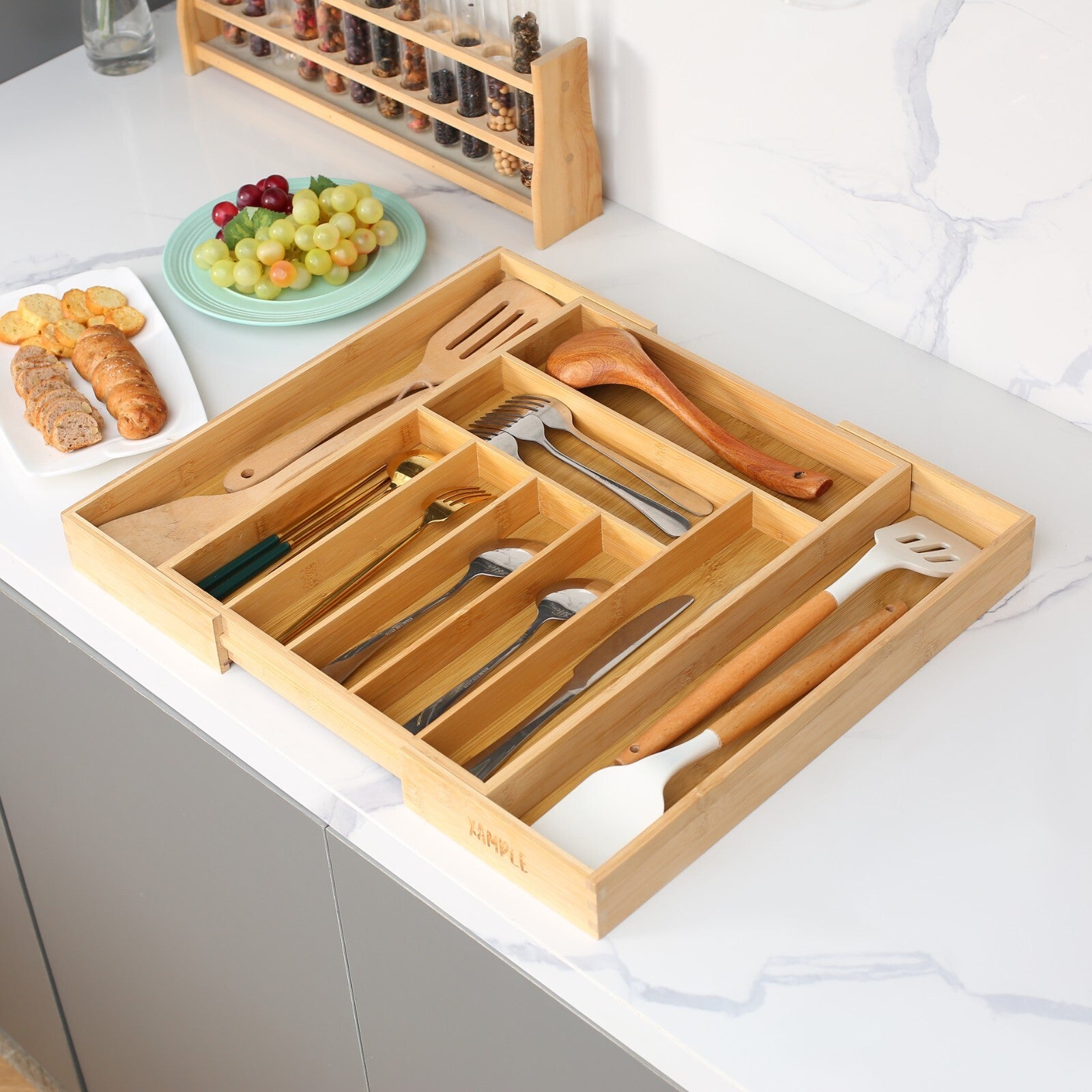 Extendable Bamboo Cutlery Tray Kitchen Drawer Organiser 9 Storage Compartments