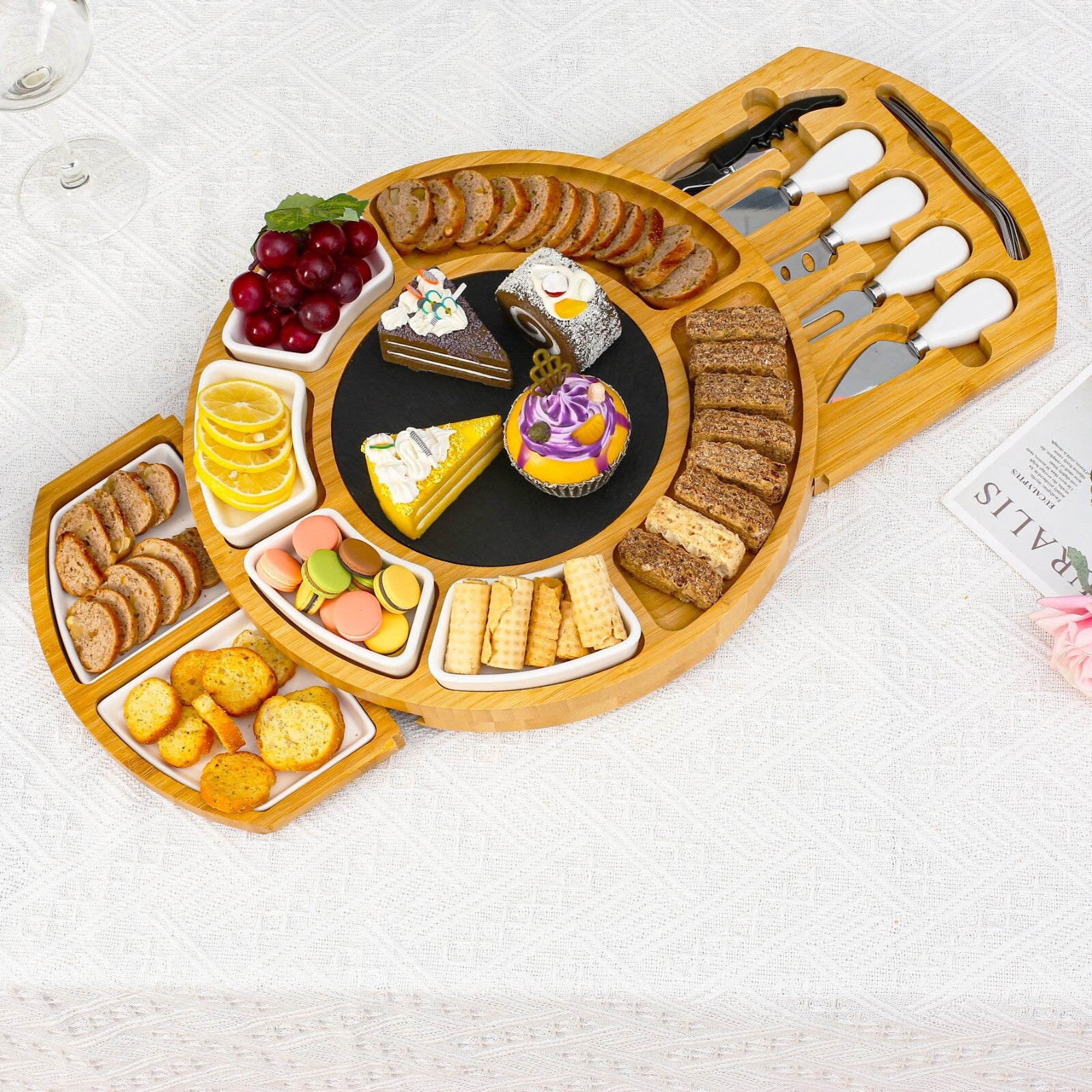 Bamboo Cheese Board Set Wooden Serving Platter Tray Gift Charcuterie Board Set