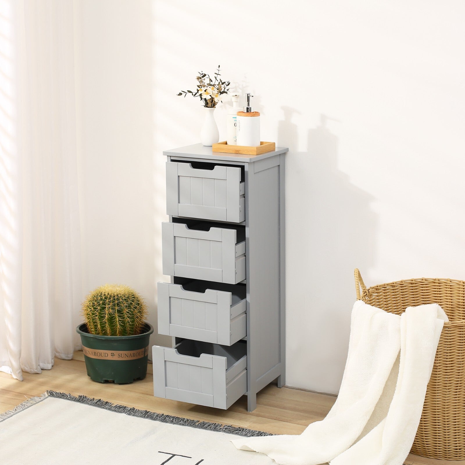 Bathroom Wood Cabinet Storage 4 Drawer 1 Door Free Standing Cupboard Unit White