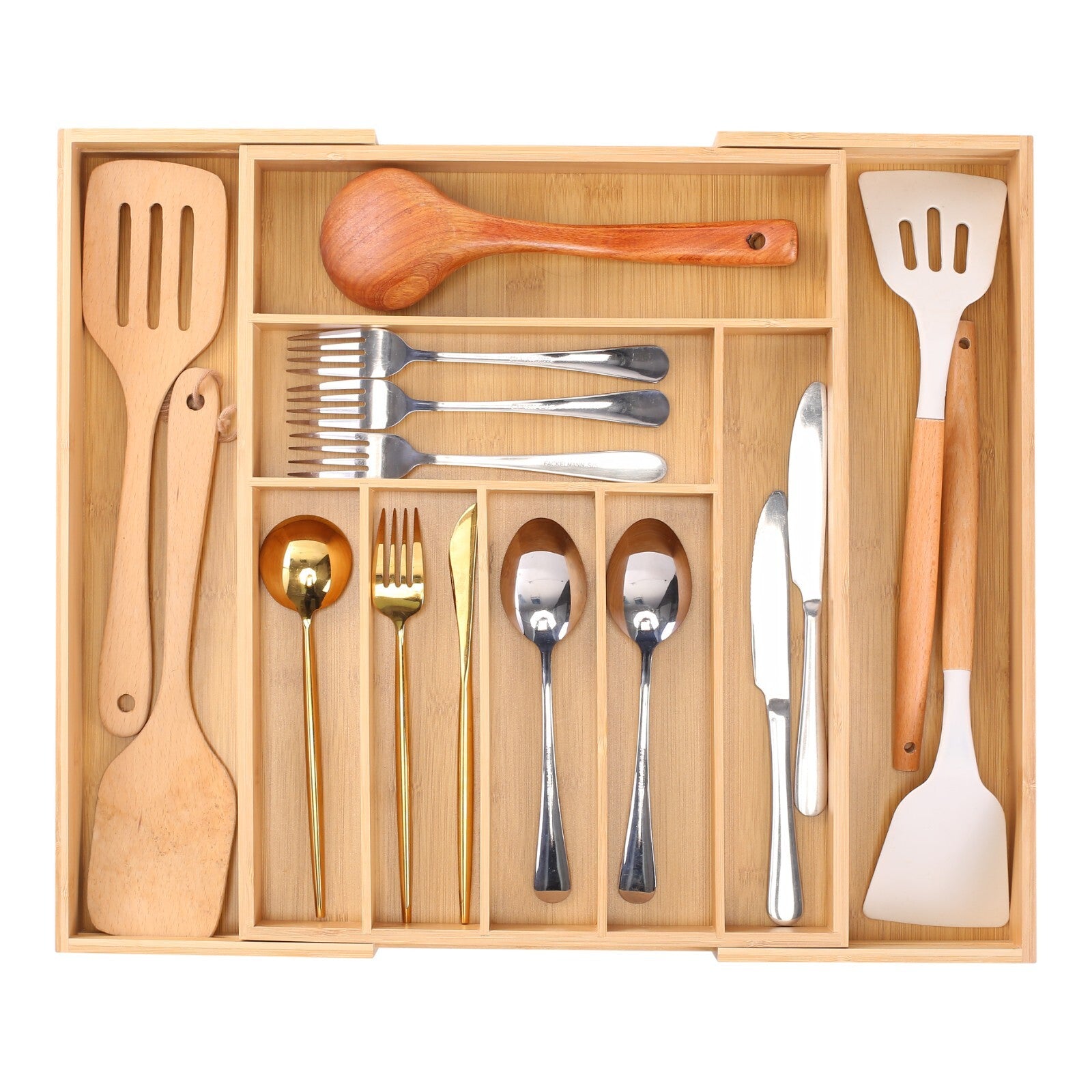 Extendable Bamboo Cutlery Tray Kitchen Drawer Organiser 9 Storage Compartments