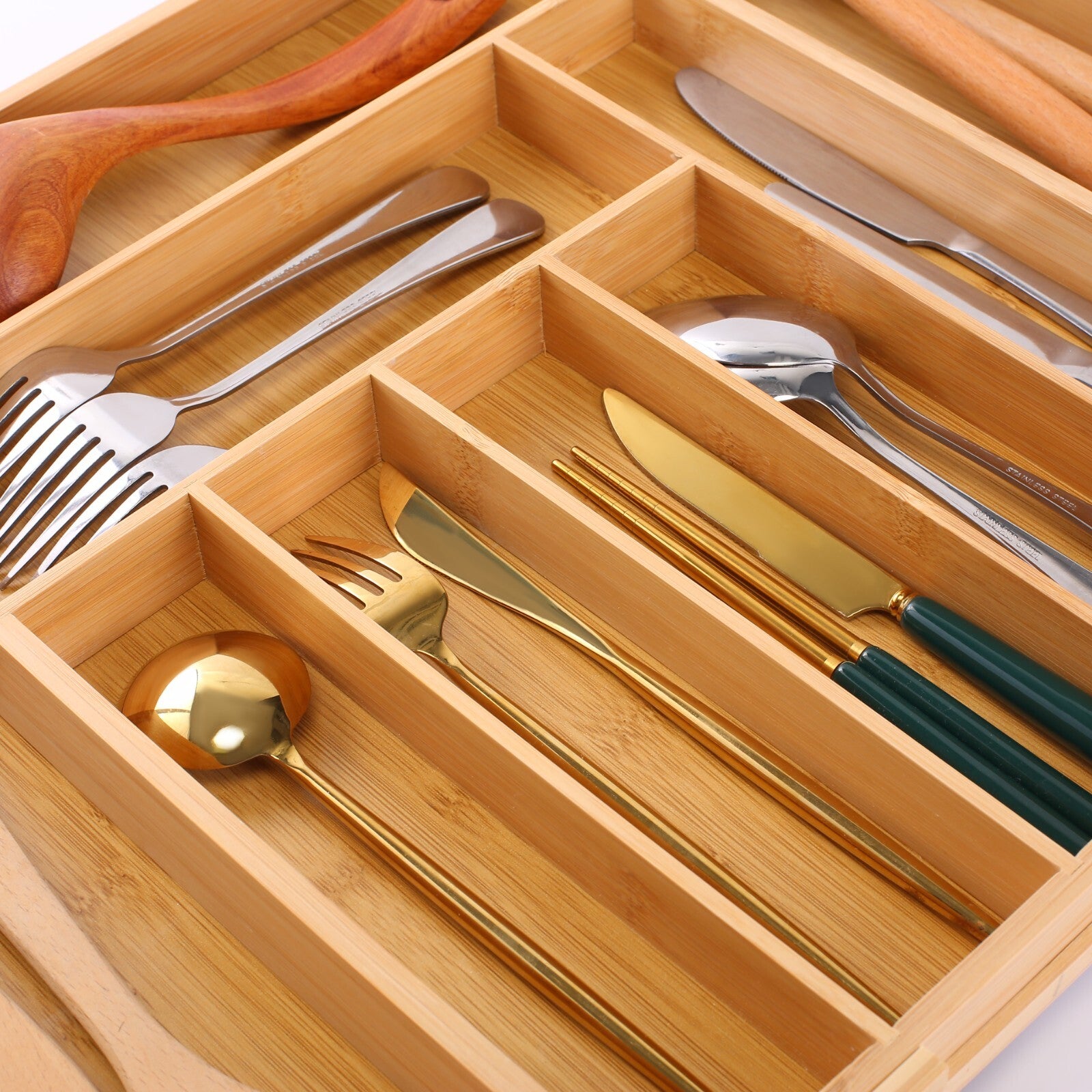 Extendable Bamboo Cutlery Tray Kitchen Drawer Organiser 9 Storage Compartments