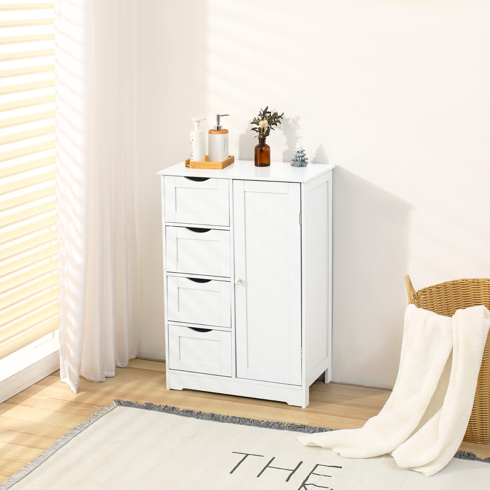 Bathroom Wood Cabinet Storage 4 Drawer 1 Door Free Standing Cupboard Unit White