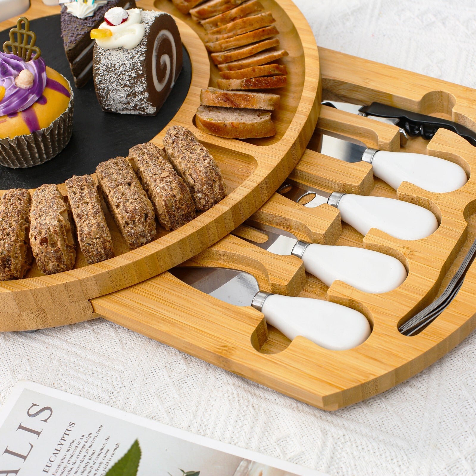 Bamboo Cheese Board Set Wooden Serving Platter Tray Gift Charcuterie Board Set